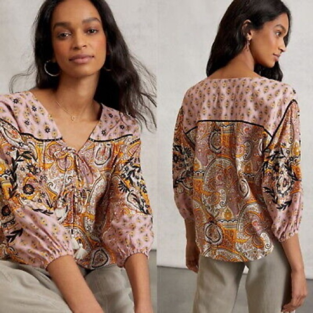 Anthropologie Paisley Tie-Front Blouse in Pink and Mustard
